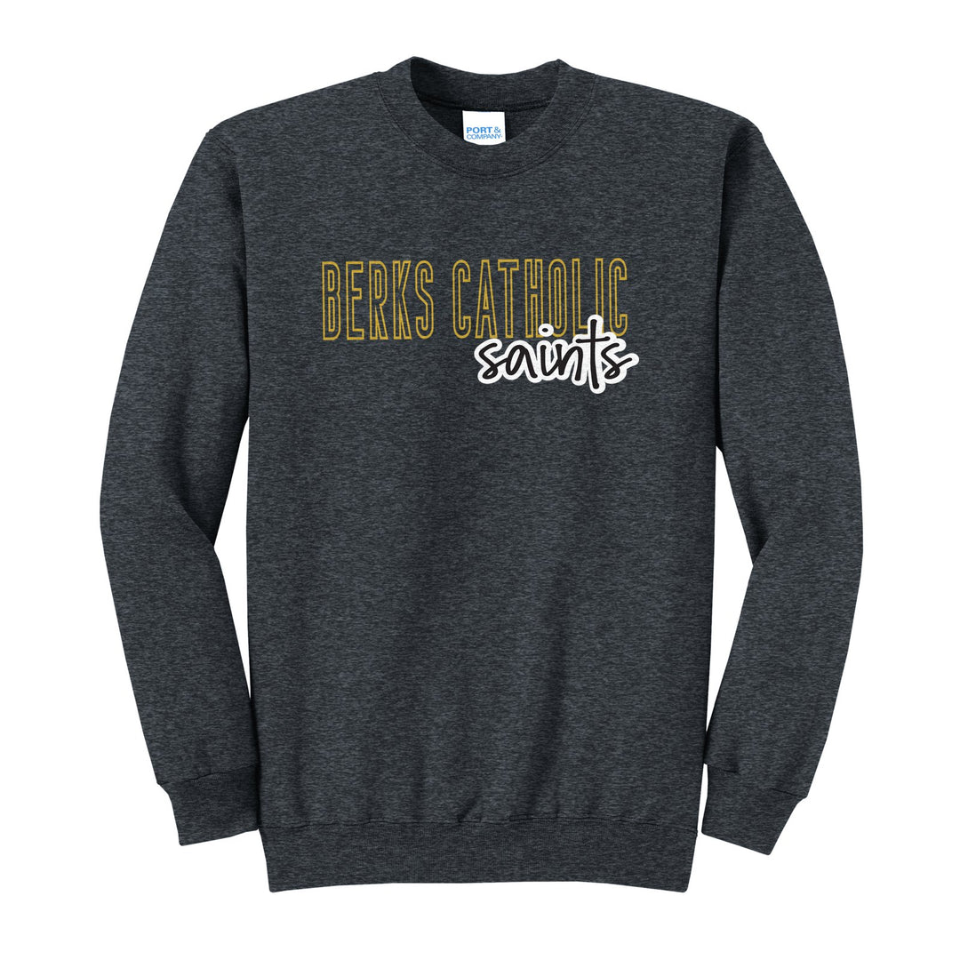 Berks Catholic Saints Outline Script crewneck sweatshirt in Dark Heather Grey: outlined BERKS CATHOLIC letters with saints script across the front