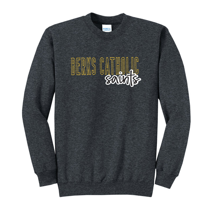 Berks Catholic Saints Outline Script crewneck sweatshirt in Dark Heather Grey: outlined BERKS CATHOLIC letters with saints script across the front