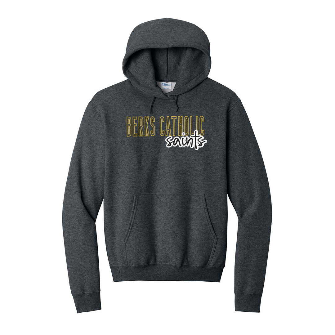 Berks Catholic Saints Outline Script hoodie in Dark Heather Grey: outlined BERKS CATHOLIC letters with saints script across the front