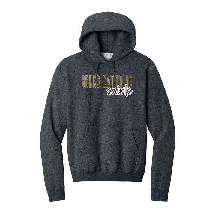 Berks Catholic Saints Outline Script hoodie in Dark Heather Grey: outlined BERKS CATHOLIC letters with saints script across the front