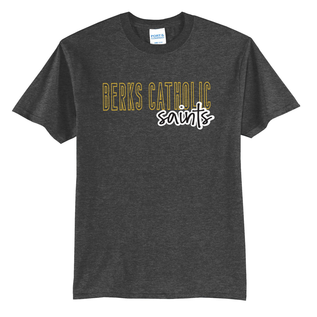 Berks Catholic Saints Outline Script t-shirt in Dark Heather Grey: outlined BERKS CATHOLIC letters with saints script across the front