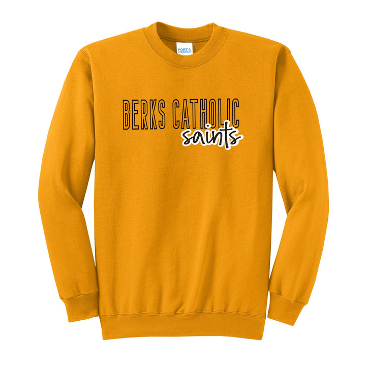 Berks Catholic Saints Outline Script crewneck sweatshirt in Gold: outlined BERKS CATHOLIC letters with saints script across the front