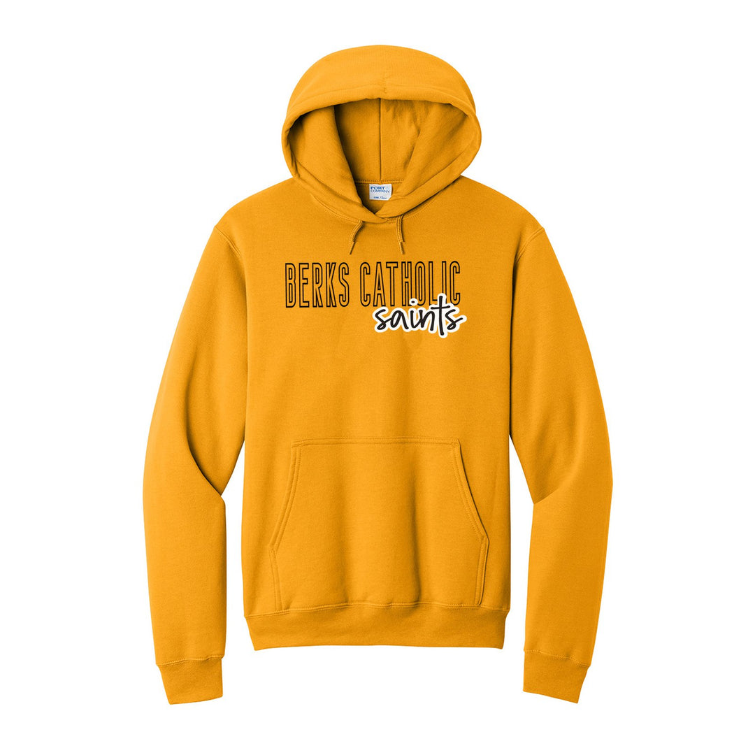 Berks Catholic Saints Outline Script hoodie in Gold: outlined BERKS CATHOLIC letters with saints script across the front