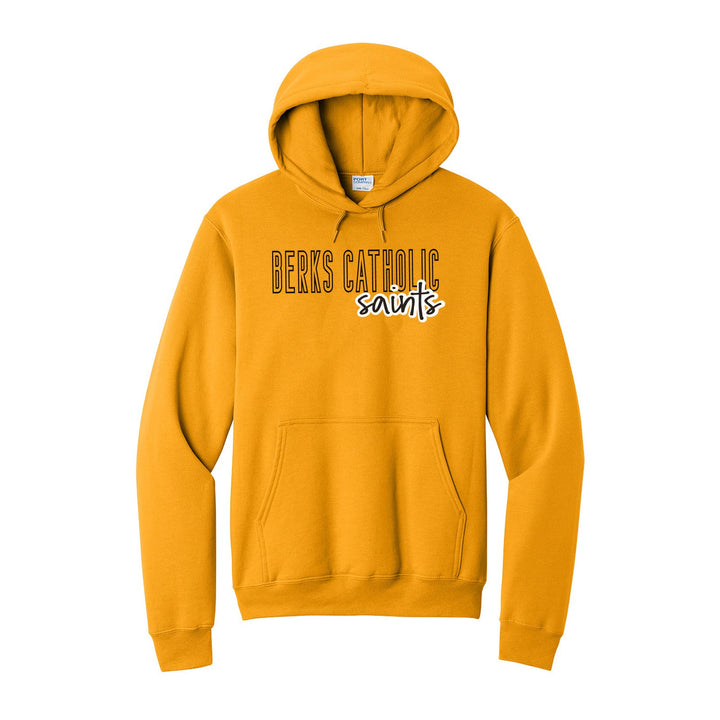 Berks Catholic Saints Outline Script hoodie in Gold: outlined BERKS CATHOLIC letters with saints script across the front