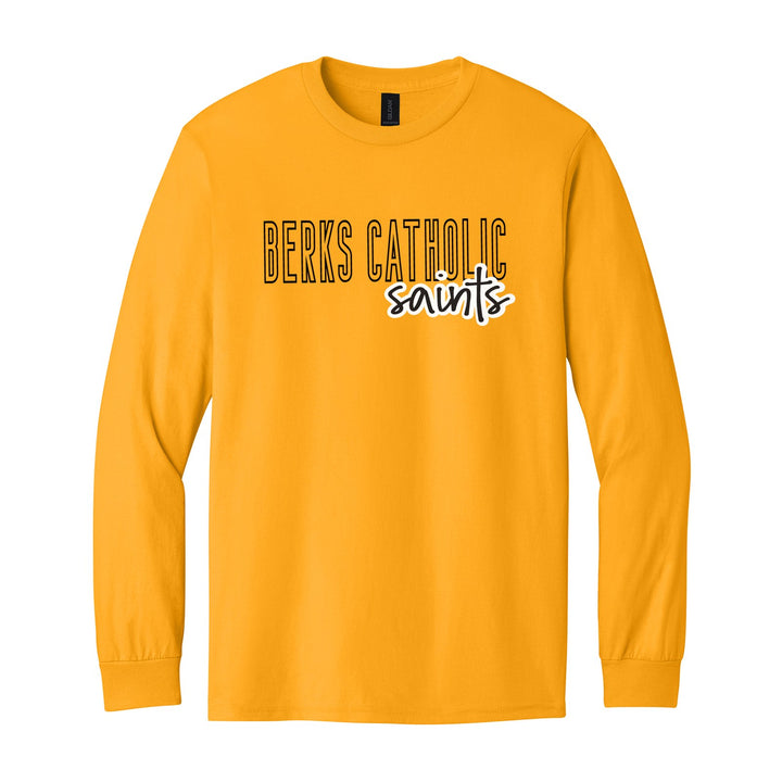 Berks Catholic Saints Outline Script long sleeve t-shirt in Gold: outlined BERKS CATHOLIC letters with saints script across the front