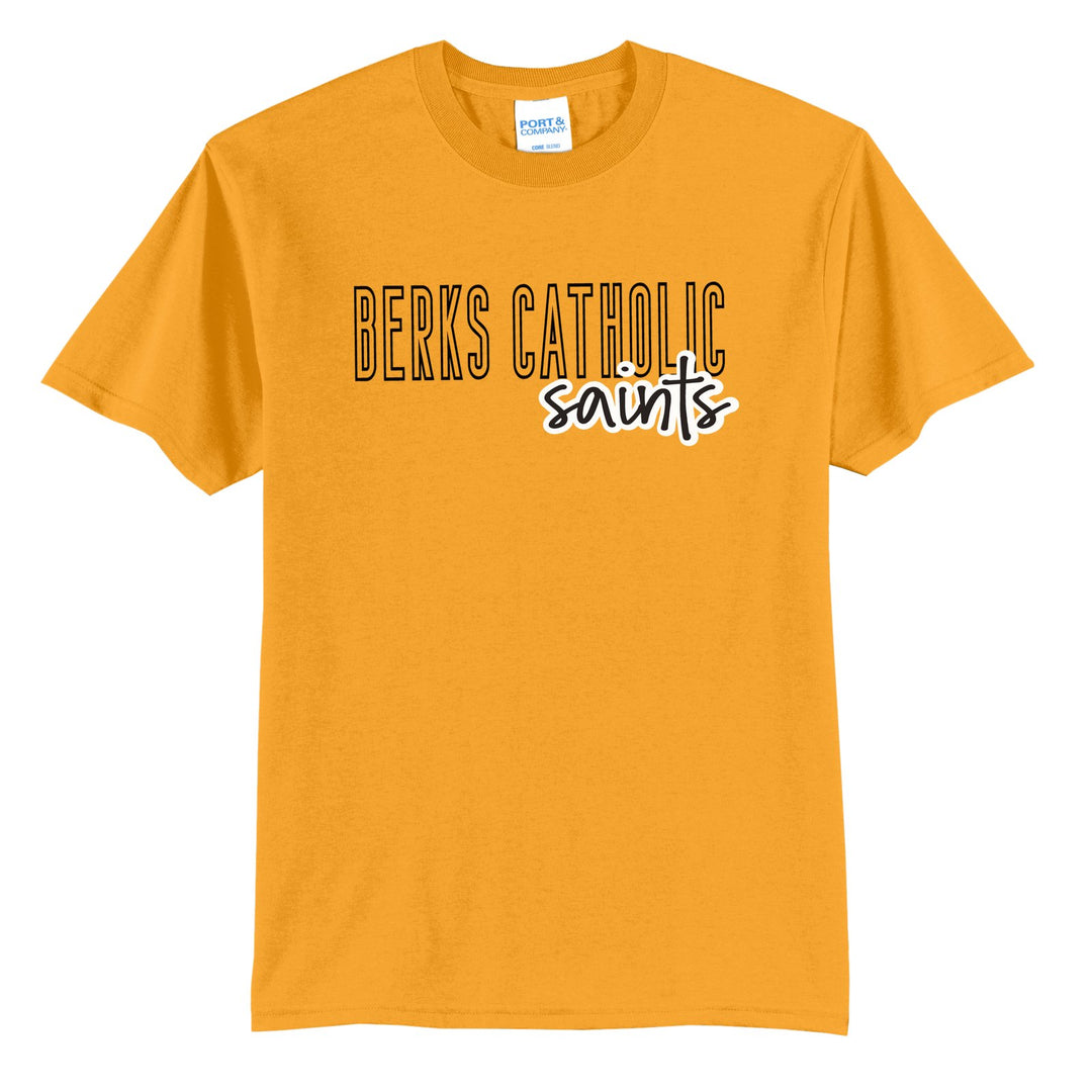 Berks Catholic Saints Outline Script t-shirt in Gold: outlined BERKS CATHOLIC letters with saints script across the front
