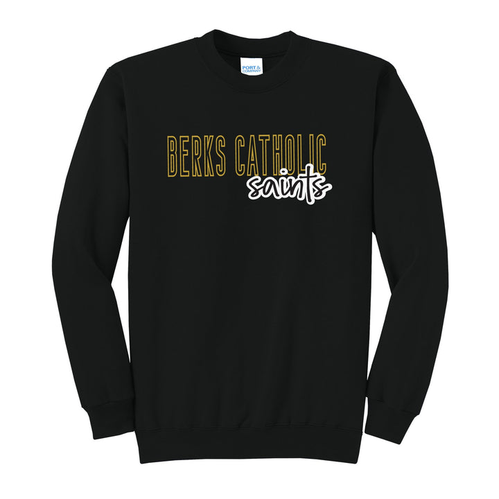 Berks Catholic Saints Outline Script crewneck sweatshirt in Jet Black: outlined BERKS CATHOLIC letters with saints script across the front