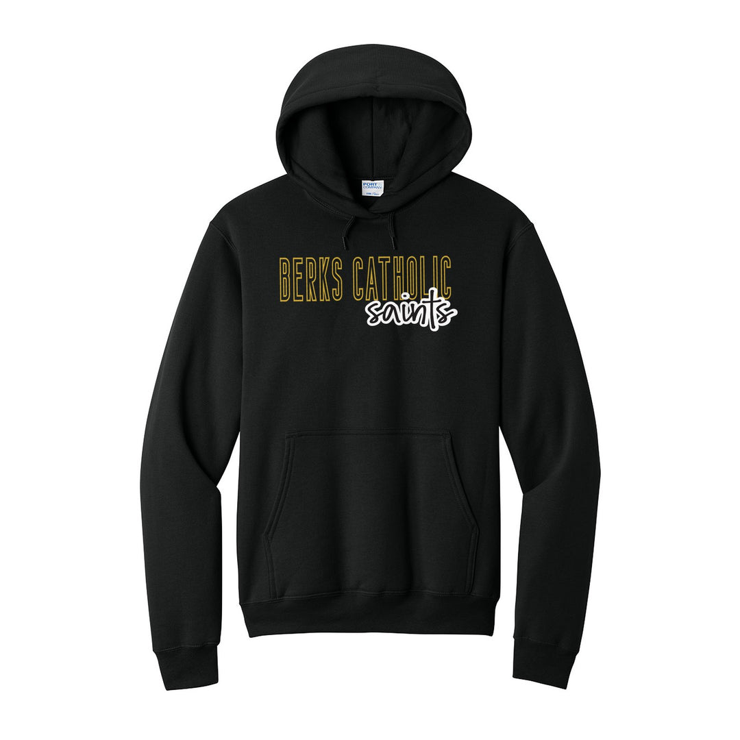 Berks Catholic Saints Outline Script hoodie in Jet Black: outlined BERKS CATHOLIC letters with saints script across the front