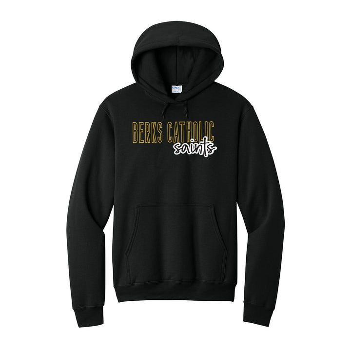 Berks Catholic Saints Outline Script hoodie in Jet Black: outlined BERKS CATHOLIC letters with saints script across the front