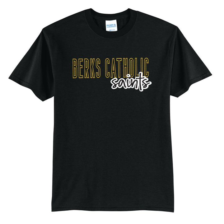 Berks Catholic Saints Outline Script t-shirt in Jet Black: outlined BERKS CATHOLIC letters with saints script across the front