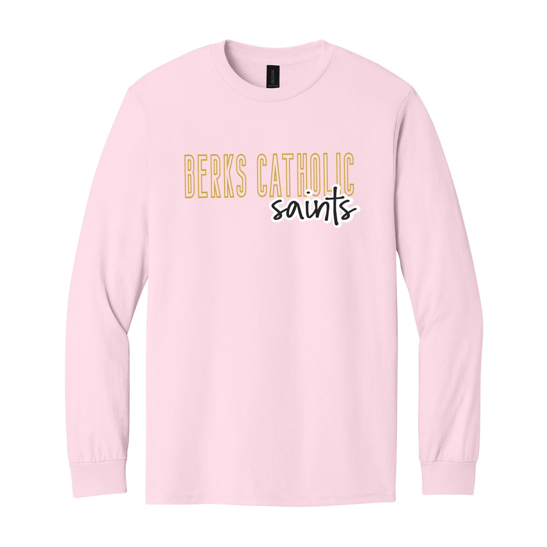 Berks Catholic Saints Outline Script long sleeve t-shirt in Light Pink: outlined BERKS CATHOLIC letters with saints script across the front