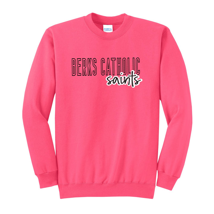 Berks Catholic Saints Outline Script crewneck sweatshirt in Neon Pink: outlined BERKS CATHOLIC letters with saints script across the front