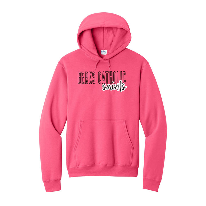 Berks Catholic Saints Outline Script hoodie in Neon Pink: outlined BERKS CATHOLIC letters with saints script across the front