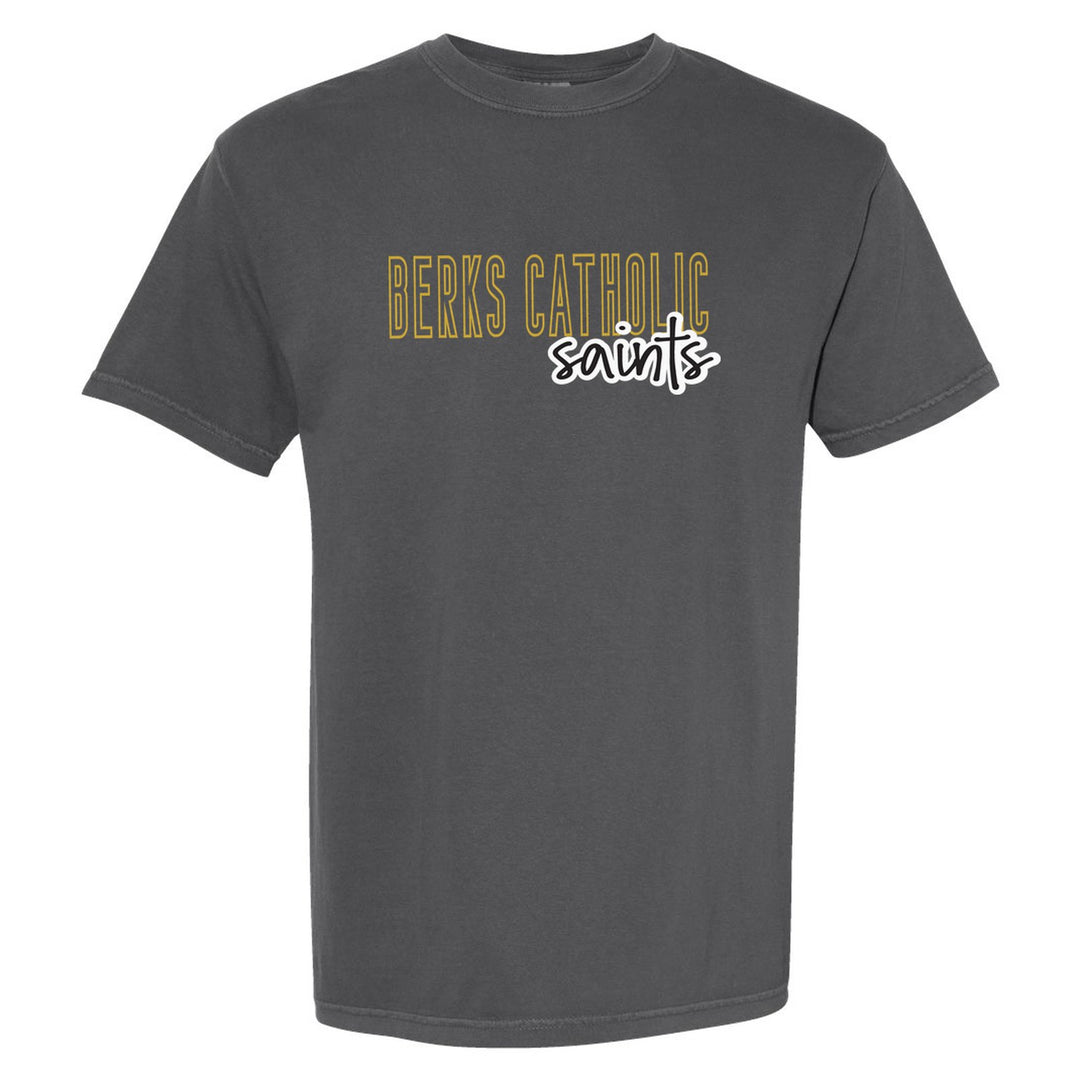 Berks Catholic Saints Outline Script comfort colors t-shirt in Pepper: outlined BERKS CATHOLIC letters with saints script across the front