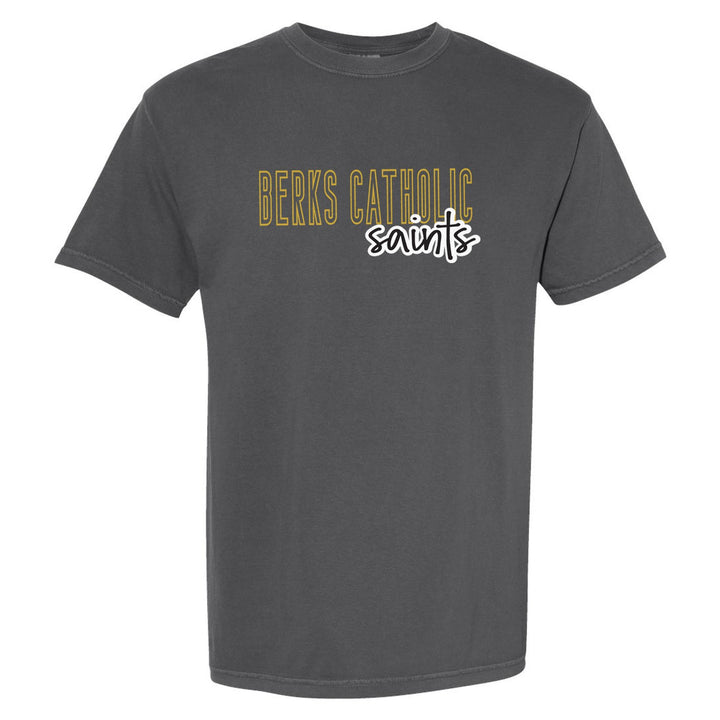 Berks Catholic Saints Outline Script comfort colors t-shirt in Pepper: outlined BERKS CATHOLIC letters with saints script across the front