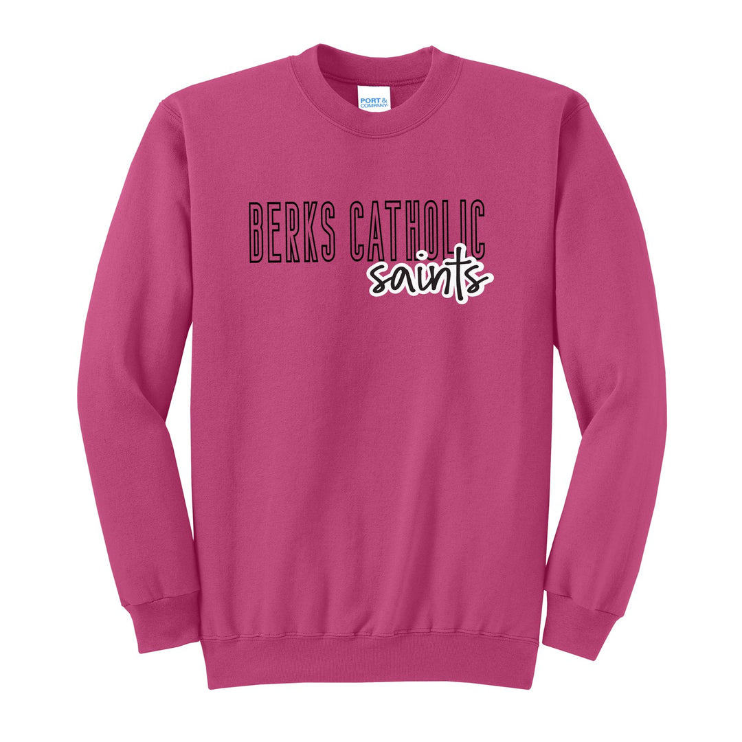 Berks Catholic Saints Outline Script crewneck sweatshirt in Sangria: outlined BERKS CATHOLIC letters with saints script across the front