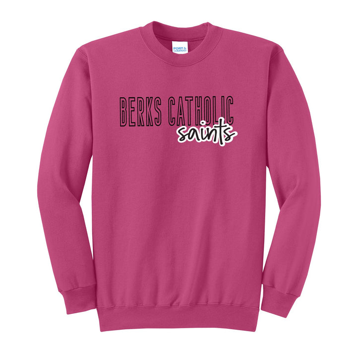 Berks Catholic Saints Outline Script crewneck sweatshirt in Sangria: outlined BERKS CATHOLIC letters with saints script across the front