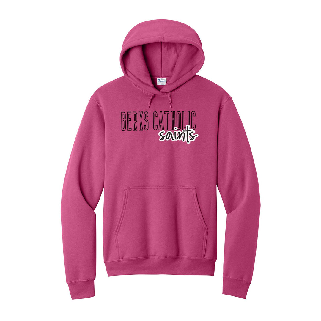 Berks Catholic Saints Outline Script hoodie in Sangria: outlined BERKS CATHOLIC letters with saints script across the front