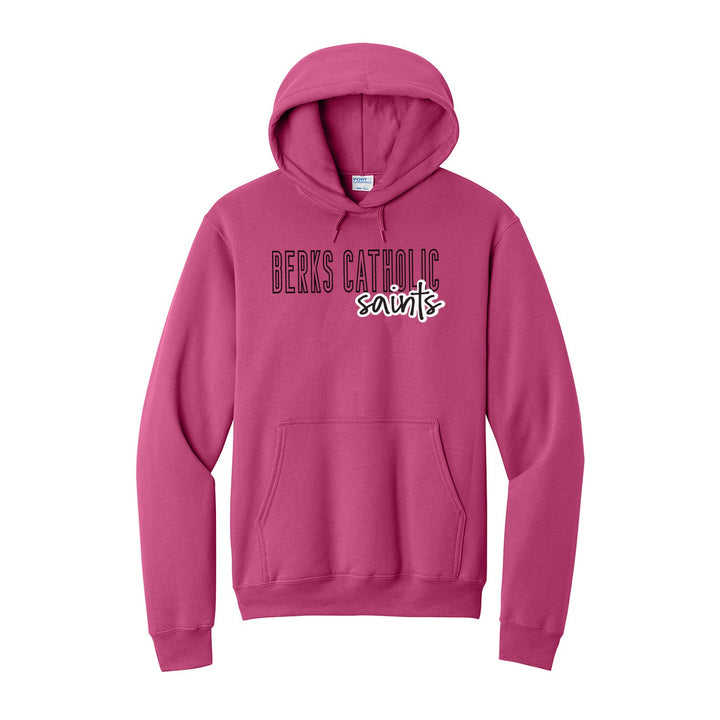 Berks Catholic Saints Outline Script hoodie in Sangria: outlined BERKS CATHOLIC letters with saints script across the front