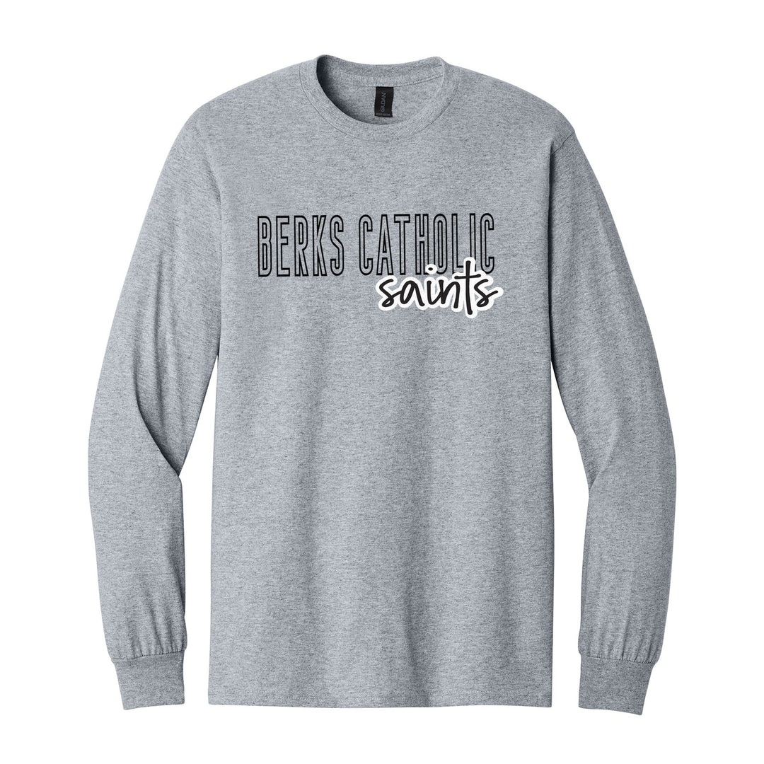 Berks Catholic Saints Outline Script long sleeve t-shirt in Sport Grey: outlined BERKS CATHOLIC letters with saints script across the front