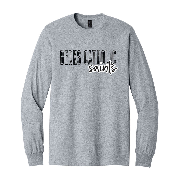 Berks Catholic Saints Outline Script long sleeve t-shirt in Sport Grey: outlined BERKS CATHOLIC letters with saints script across the front