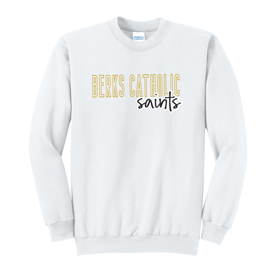 Berks Catholic Saints Outline Script crewneck sweatshirt in White: outlined BERKS CATHOLIC letters with saints script across the front