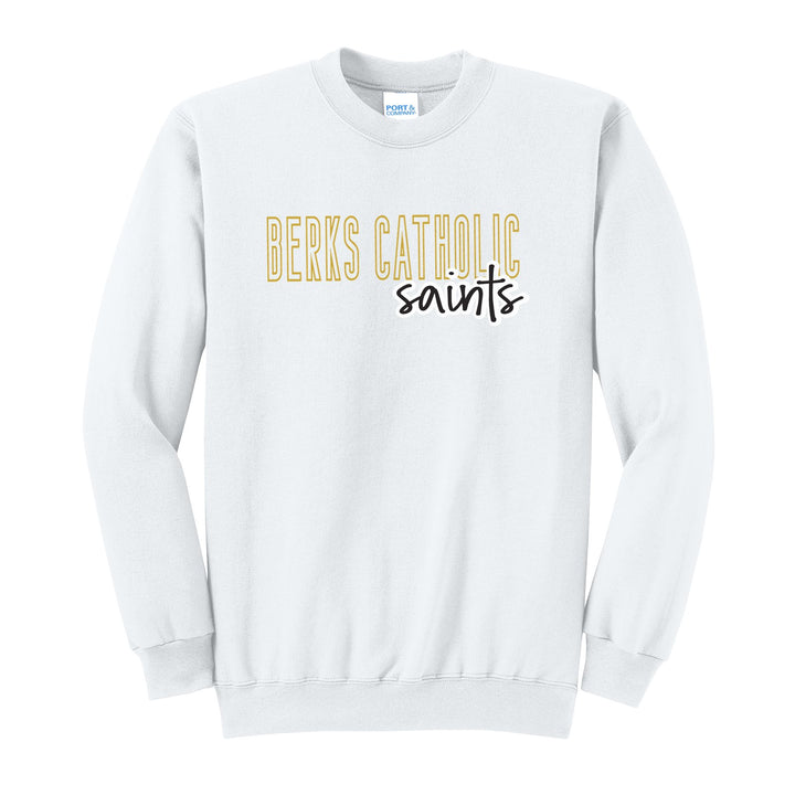 Berks Catholic Saints Outline Script crewneck sweatshirt in White: outlined BERKS CATHOLIC letters with saints script across the front