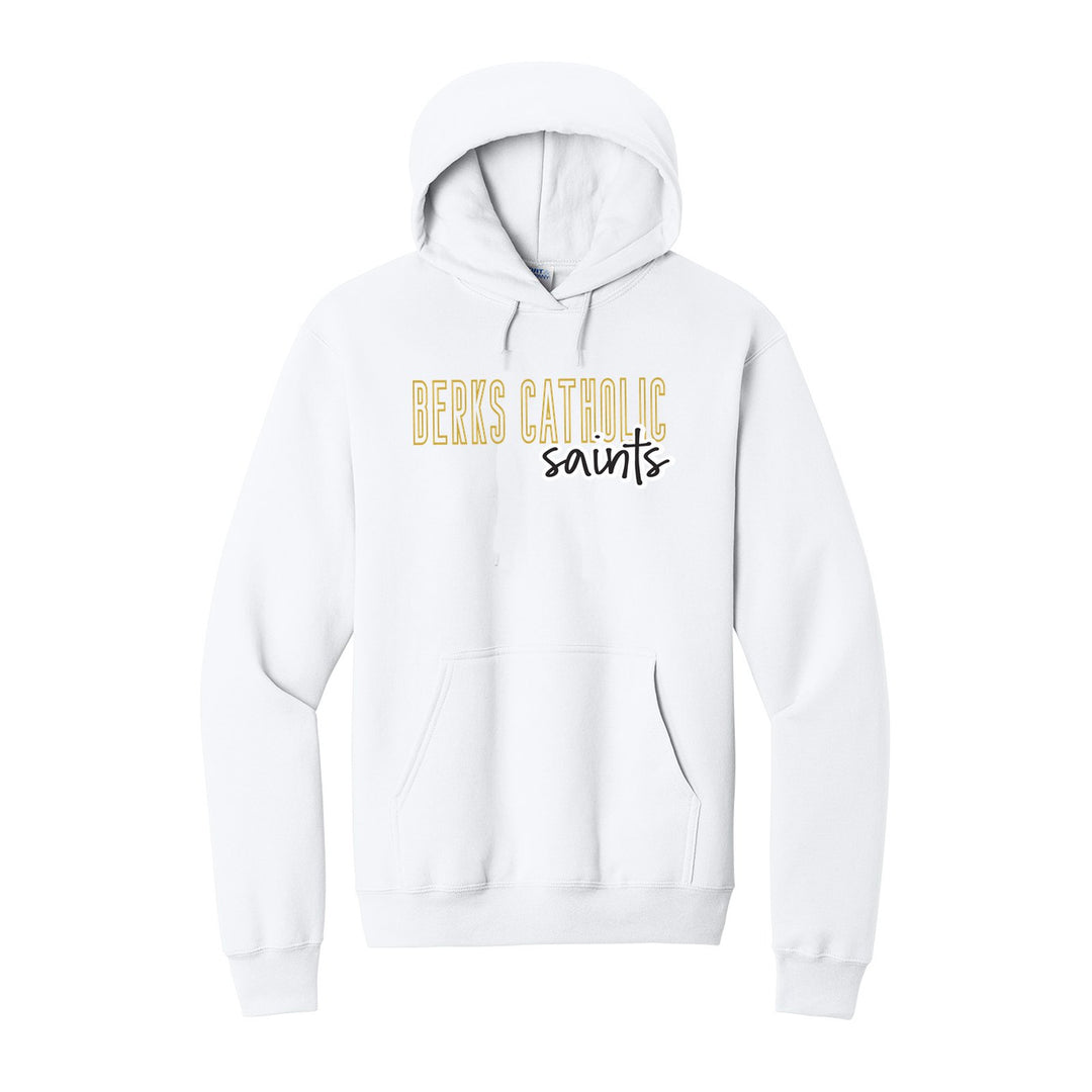 Berks Catholic Saints Outline Script hoodie in White: outlined BERKS CATHOLIC letters with saints script across the front