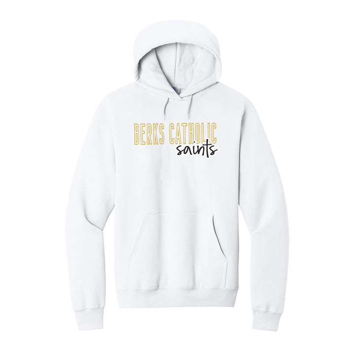 Berks Catholic Saints Outline Script hoodie in White: outlined BERKS CATHOLIC letters with saints script across the front