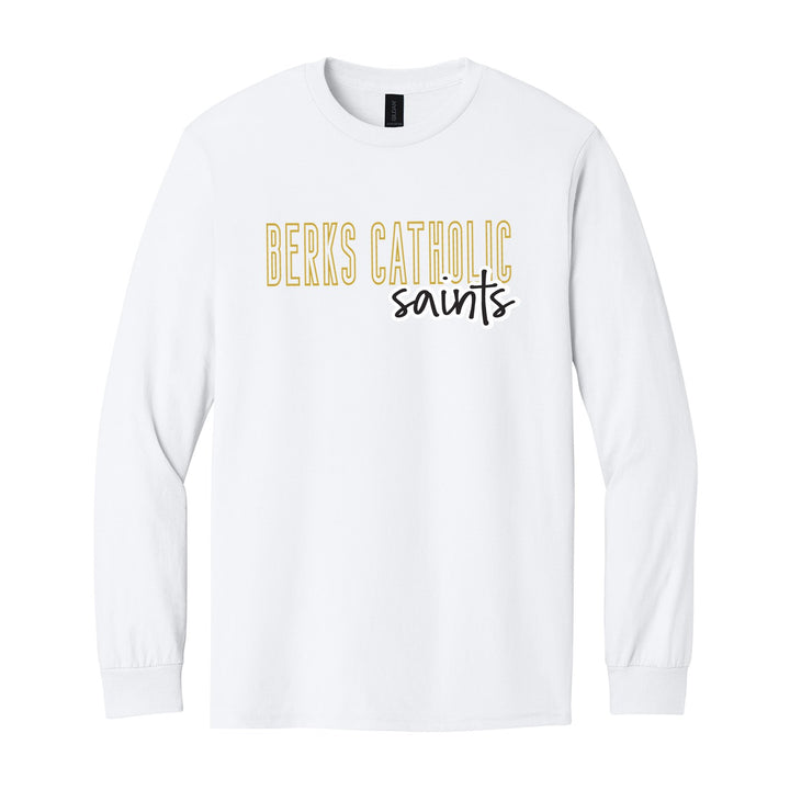 Berks Catholic Saints Outline Script long sleeve t-shirt in White: outlined BERKS CATHOLIC letters with saints script across the front