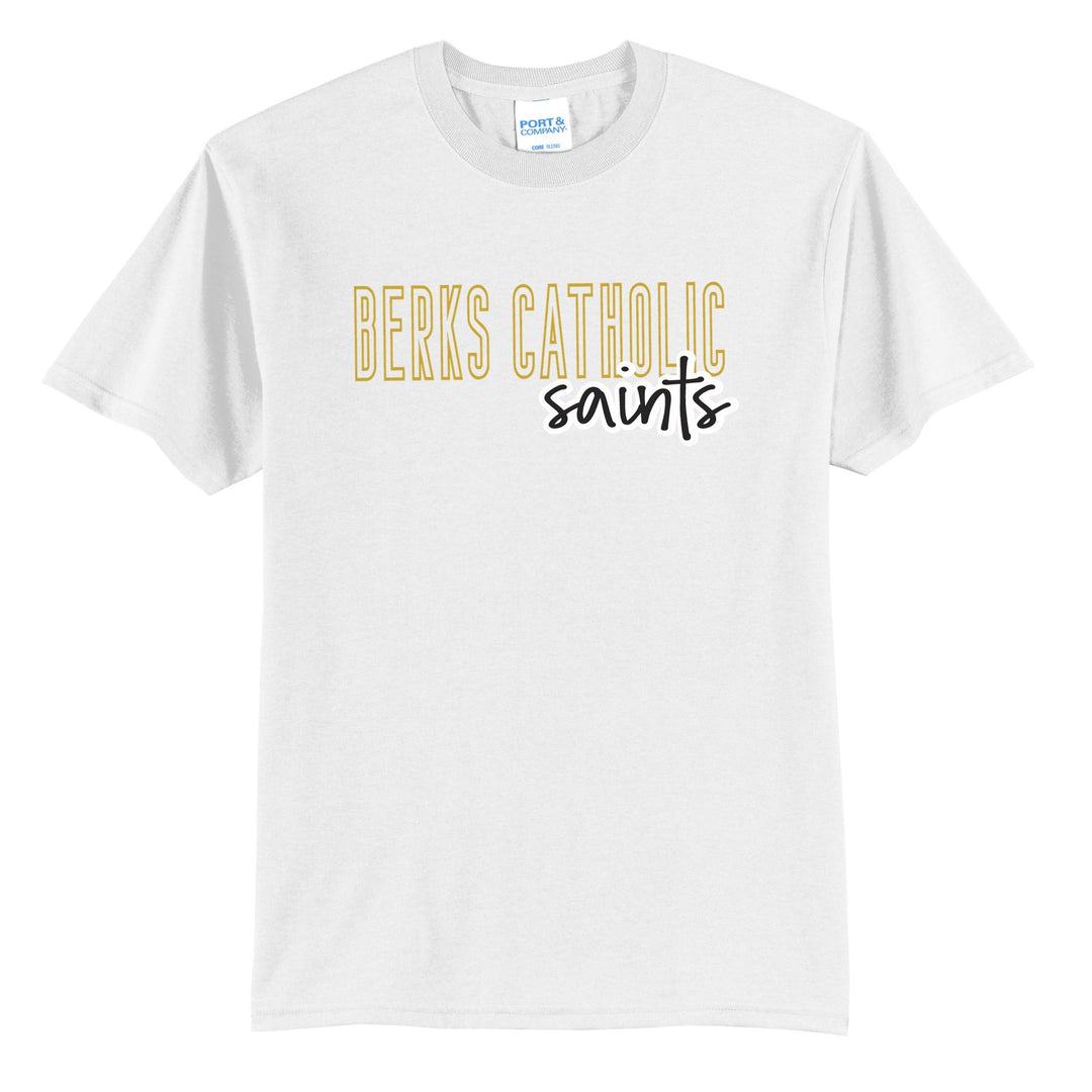 Berks Catholic Saints Outline Script t-shirt in White: outlined BERKS CATHOLIC letters with saints script across the front