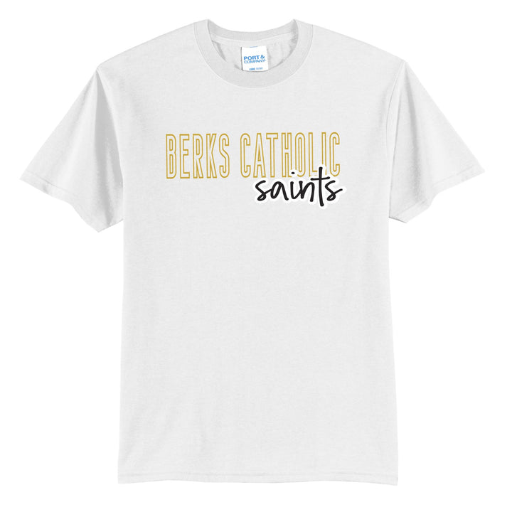 Berks Catholic Saints Outline Script t-shirt in White: outlined BERKS CATHOLIC letters with saints script across the front