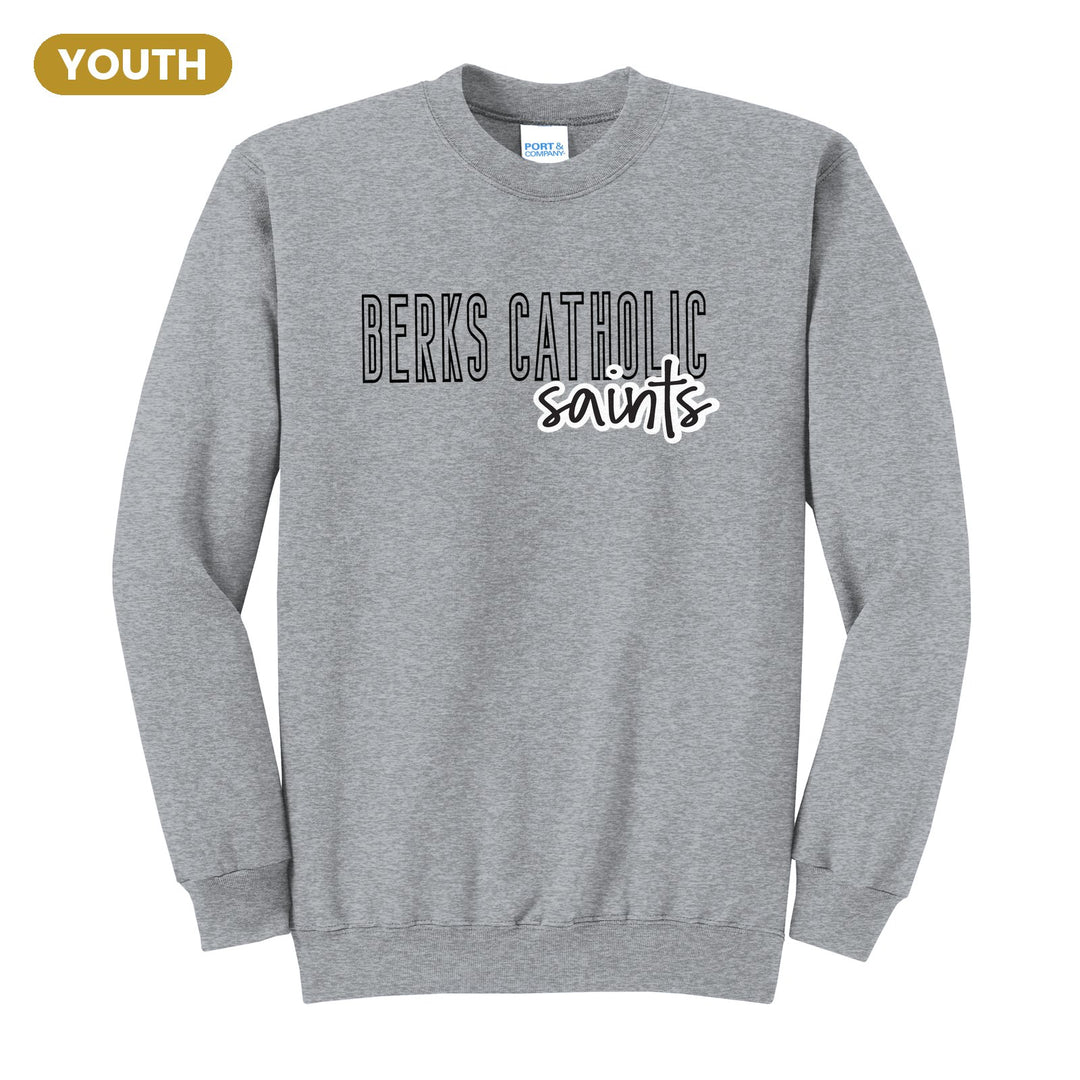 Berks Catholic Saints Outline Script youth crewneck sweatshirt in Athletic Heather: outlined BERKS CATHOLIC letters with saints script across the front