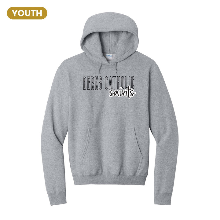 Berks Catholic Saints Outline Script youth hoodie in Athletic Heather: outlined BERKS CATHOLIC letters with saints script across the front
