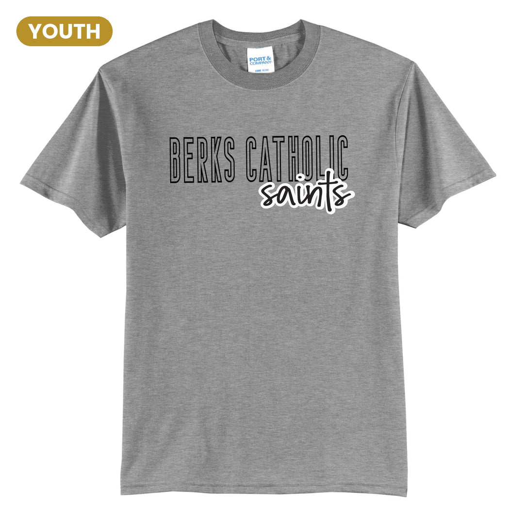 Berks Catholic Saints Outline Script youth t-shirt in Athletic Heather: outlined BERKS CATHOLIC letters with saints script across the front
