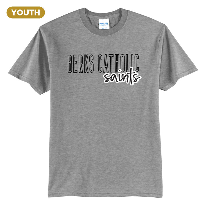 Berks Catholic Saints Outline Script youth t-shirt in Athletic Heather: outlined BERKS CATHOLIC letters with saints script across the front