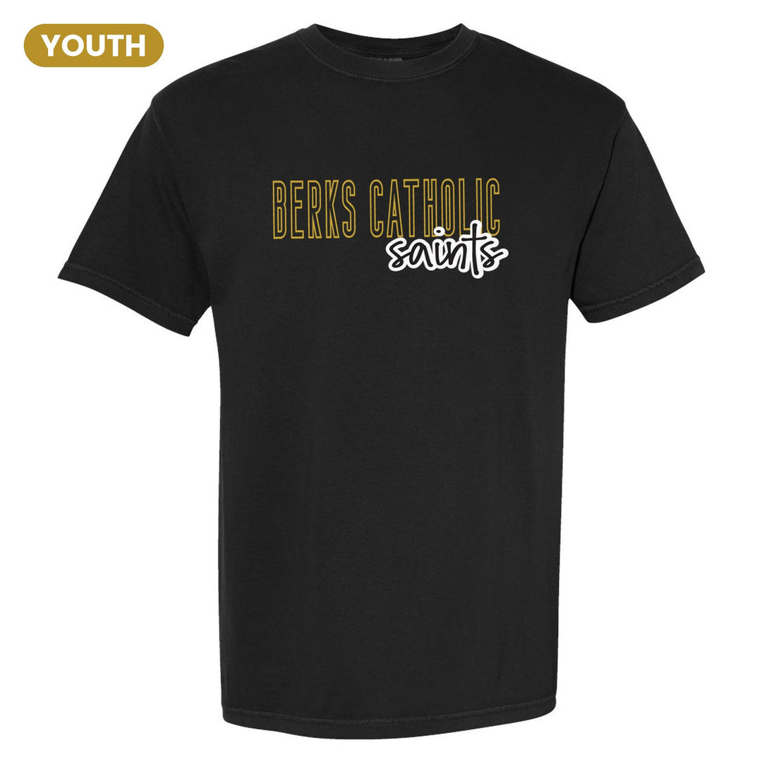 Berks Catholic Saints Outline Script youth comfort colors t-shirt in Black: outlined BERKS CATHOLIC letters with saints script across the front