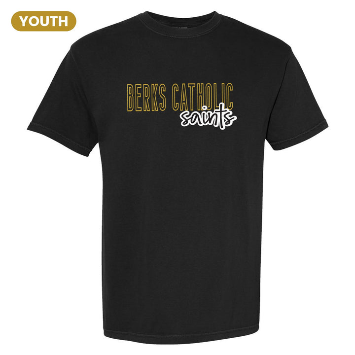 Berks Catholic Saints Outline Script youth comfort colors t-shirt in Black: outlined BERKS CATHOLIC letters with saints script across the front