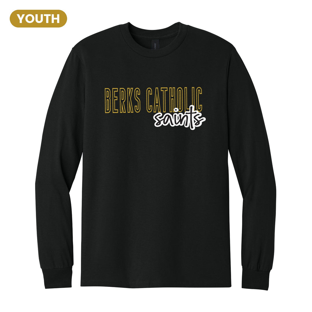 Berks Catholic Saints Outline Script youth long sleeve t-shirt in Black: outlined BERKS CATHOLIC letters with saints script across the front