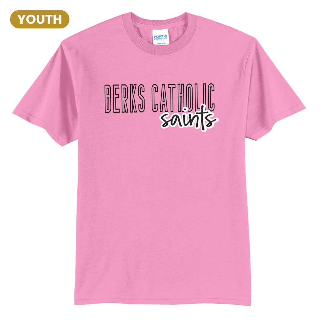 Berks Catholic Saints Outline Script youth t-shirt in Candy Pink: outlined BERKS CATHOLIC letters with saints script across the front
