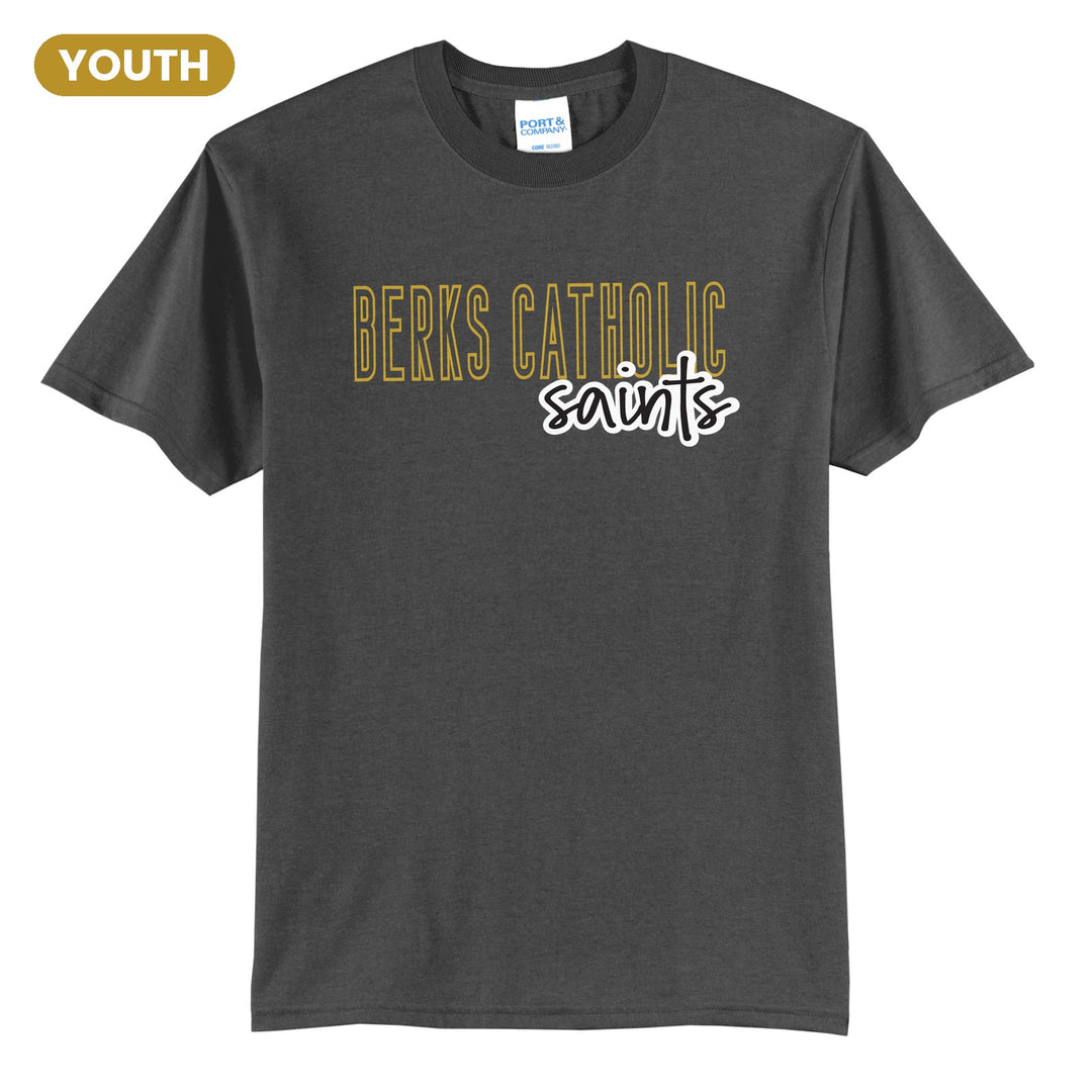 Berks Catholic Saints Outline Script youth t-shirt in Charcoal: outlined BERKS CATHOLIC letters with saints script across the front