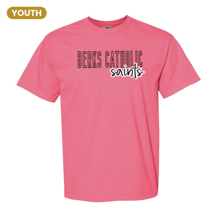 Berks Catholic Saints Outline Script youth comfort colors t-shirt in Crunchberry: outlined BERKS CATHOLIC letters with saints script across the front