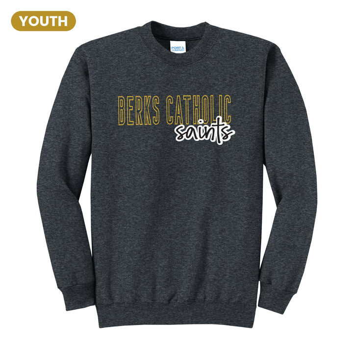 Berks Catholic Saints Outline Script youth crewneck sweatshirt in Dark Heather Grey: outlined BERKS CATHOLIC letters with saints script across the front