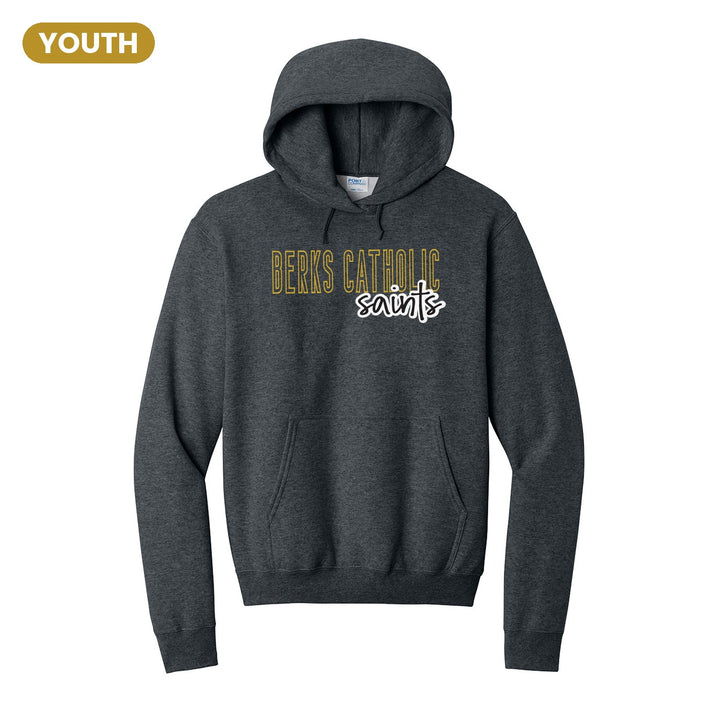 Berks Catholic Saints Outline Script youth hoodie in Dark Heather Grey: outlined BERKS CATHOLIC letters with saints script across the front