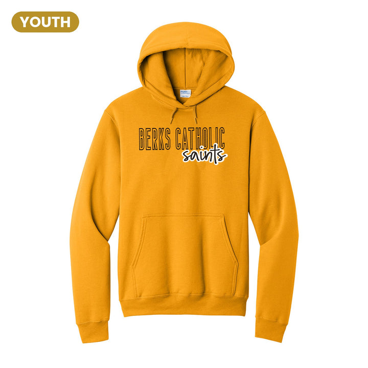Berks Catholic Saints Outline Script youth hoodie in Gold: outlined BERKS CATHOLIC letters with saints script across the front