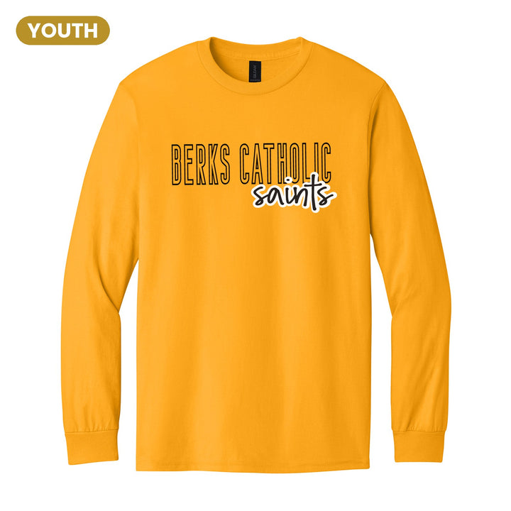Berks Catholic Saints Outline Script youth long sleeve t-shirt in Gold: outlined BERKS CATHOLIC letters with saints script across the front