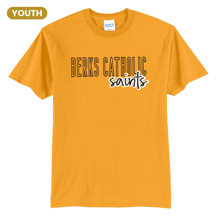 Berks Catholic Saints Outline Script youth t-shirt in Gold: outlined BERKS CATHOLIC letters with saints script across the front
