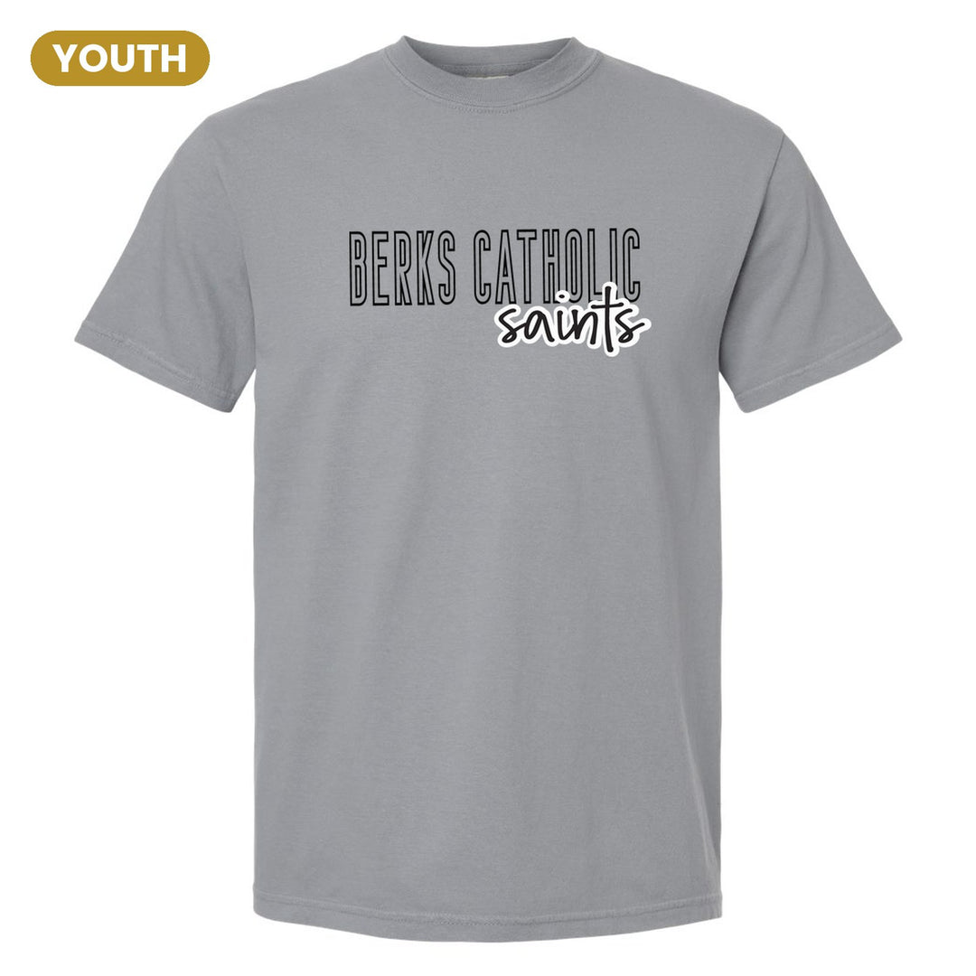 Berks Catholic Saints Outline Script youth comfort colors t-shirt in Granite: outlined BERKS CATHOLIC letters with saints script across the front