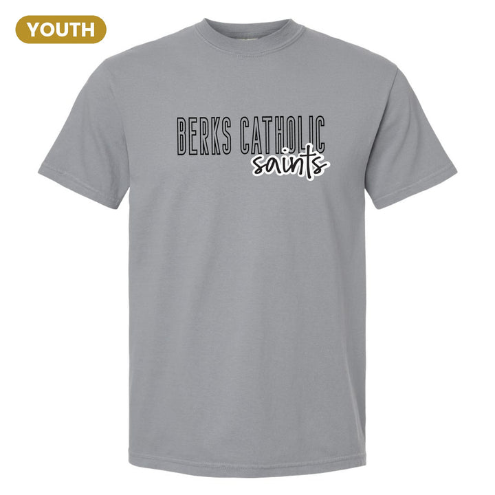 Berks Catholic Saints Outline Script youth comfort colors t-shirt in Granite: outlined BERKS CATHOLIC letters with saints script across the front