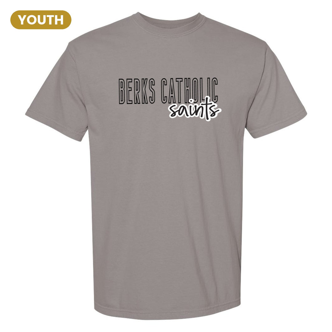 Berks Catholic Saints Outline Script youth comfort colors t-shirt in Grey: outlined BERKS CATHOLIC letters with saints script across the front